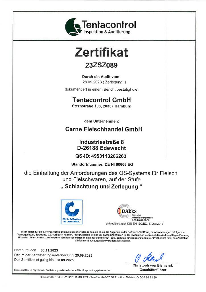 QS-Zertifikat 23ZSZ089 der Tentacontrol GmbH für die Carne Fleischhandel GmbH, Stufe Schlachtung und Zerlegung